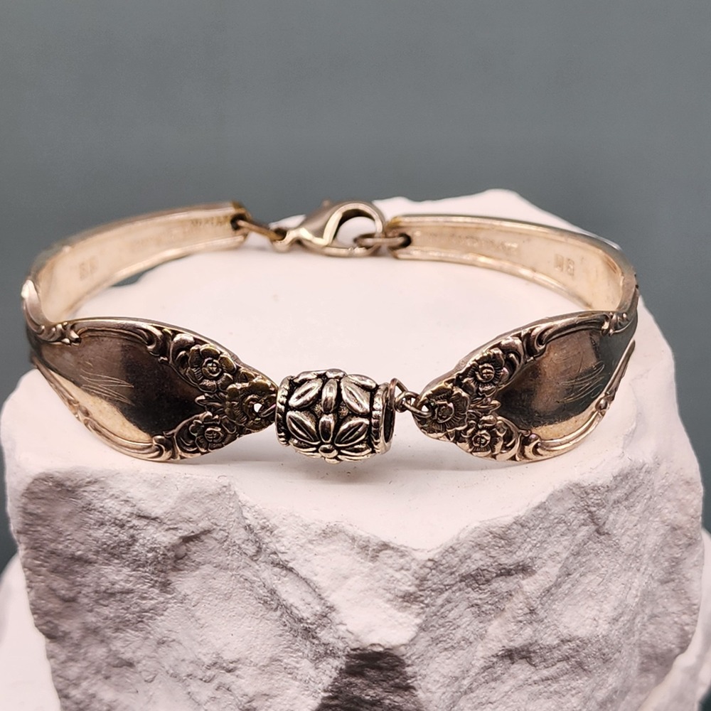 Vintage International Silver Reinforced Plate Spoon Bracelet Floral Repurposed